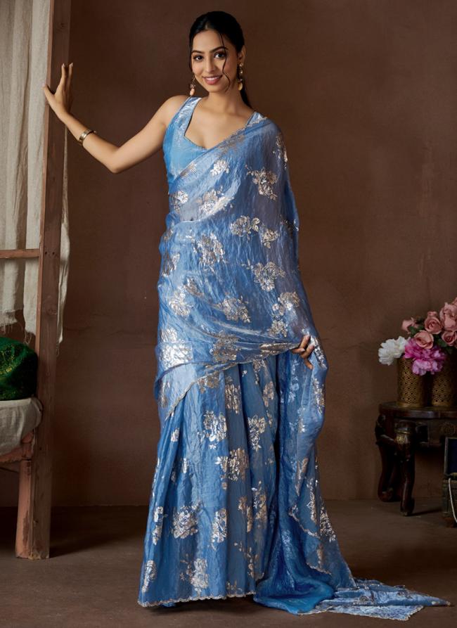 Sattin Silk Ocean Blue Party Wear Hand Work Saree